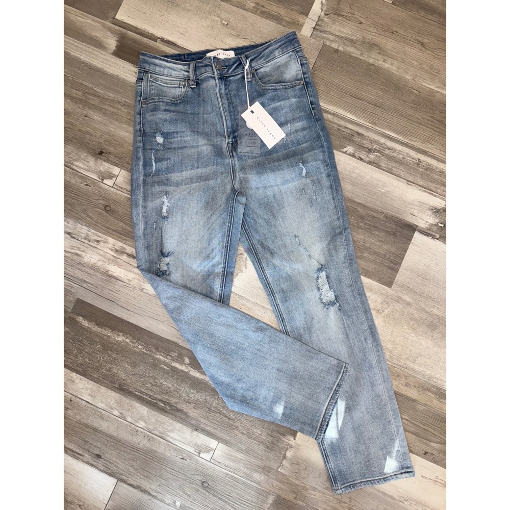 Risen Jeans High Waist Slim Skinny Women Medium Wash Distressed Splatter 13/31